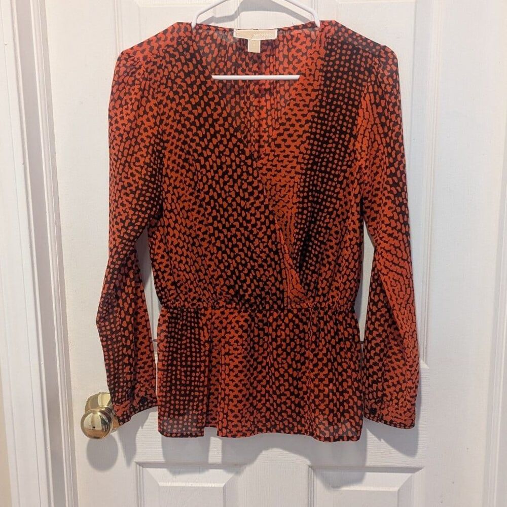 Michael Kors Orange & Black V Neck Elastic Peplum Long Sleeve Blouse Size P
